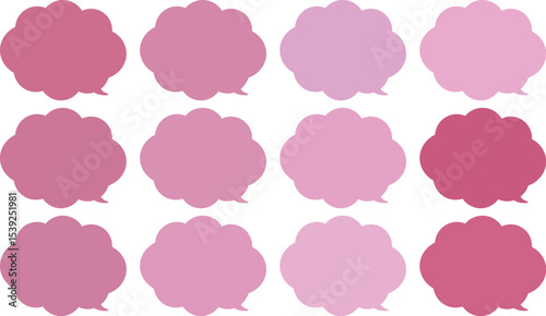 All the bubbles have a distinctive, rounded, cloud-like, or scalloped edge design. This vector image features twelve speech bubbles.
