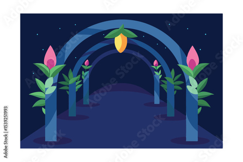 Enchanted Night Garden Floral Arches and Luminous Pathway