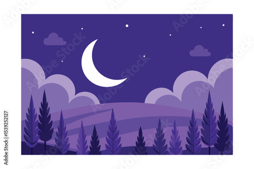 Serene Night Landscape Crescent Moon, Starry Sky, and Silhouetted Trees