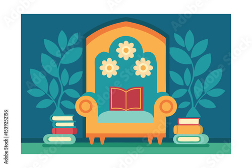 Cozy Reading Nook An Illustrated Throne of Books and Tranquility