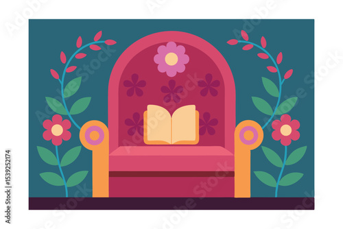 Floral Throne of Reading A Cozy Illustrated Chair with Open Book