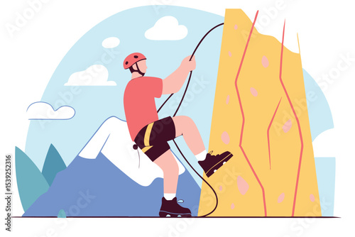 Aesthetic and minimal flat design of a person rock climbing. Ideal for sports promotions, active lifestyle, and mountain adventure visuals. This is not AI-generated content.