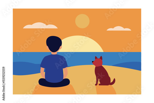 Sunset Serenity Boy and Dog Enjoying Peaceful Beach Evening