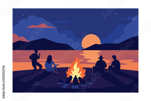 Evening Bonfire Gathering Friends Enjoying a Sunset Campfire
