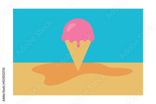 Sweet Summer Treat Melted Ice Cream Cone on Sandy Beach