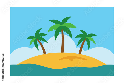 Tropical Paradise Island Three Palm Trees on a Sandy Beach, Ocean View Illustration