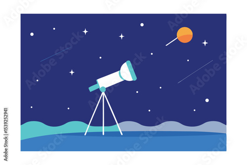 Celestial Exploration Night Sky Observation with Telescope Illustration