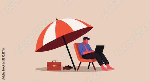 Businessman works remotely under a beach umbrella, showing how stress and deadlines follow into personal time, concept of digital burnout and work life imbalance, flat vector illustration