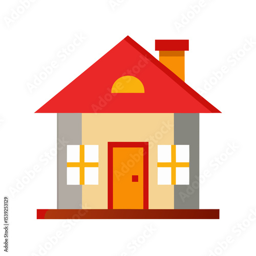 Flat Cartoon House with Red Roof and a White Door Vector Element or Asset