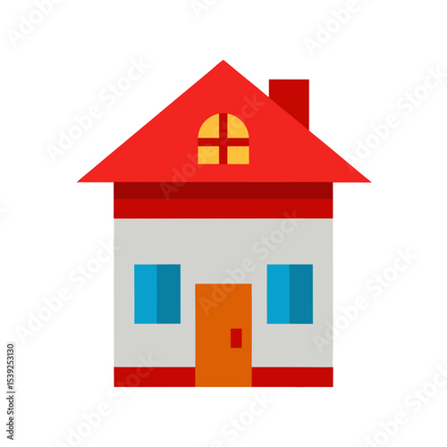 Flat Cartoon House with Red Roof and a Small Window Vector Element or Asset