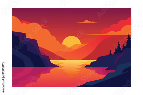 Vibrant Sunset Landscape Fiery Hues and Serene Waters Illustration