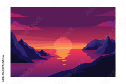 Vibrant Sunset Landscape Serene Ocean and Majestic Mountains