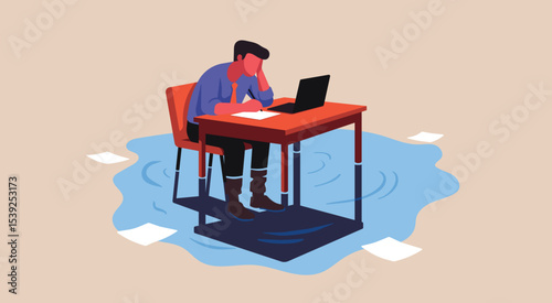 Businessman sitting at his desk, sinking or drowning in water under emotional burnout, overload, pressure, and the feeling of being overwhelmed at work, flat vector illustration