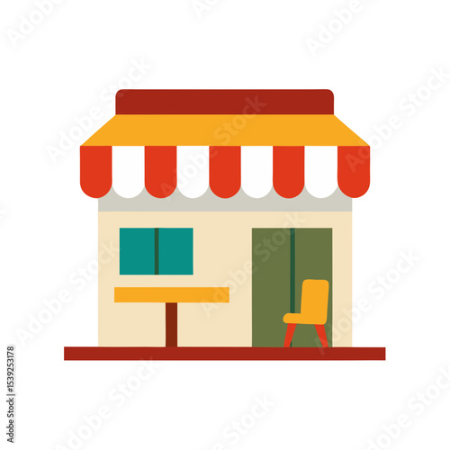 Flat Cafe Building with Awning and Outdoor Seating Area Vector Element or Asset