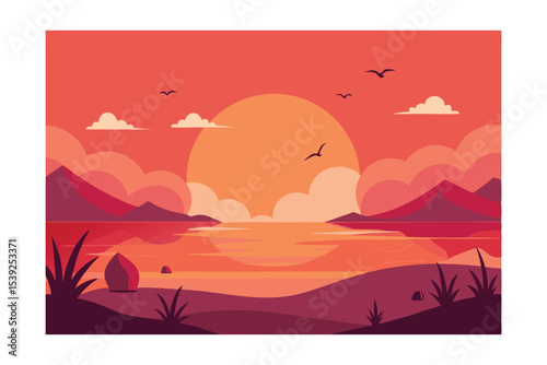 Serene Sunset Landscape A Vibrant Illustration of Calm Nature Scenery