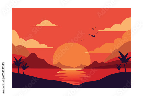 Serene Sunset Landscape Warm Hues, Tranquil Waters, and Silhouette Mountains