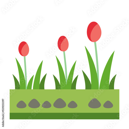 Garden Strip with Decorative Stones and Planted Flowers Cartoon Vector Element or Asset
