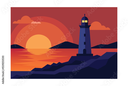Serene Sunset Lighthouse Silhouette at Dusk, Coastal Calm
