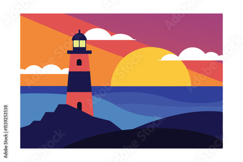 Serene Sunset Seascape Lighthouse Silhouette at Dusk