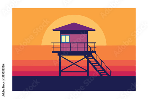 Sunset Beach House Minimalist Illustration of a Coastal Lifeguard Tower at Golden Hour