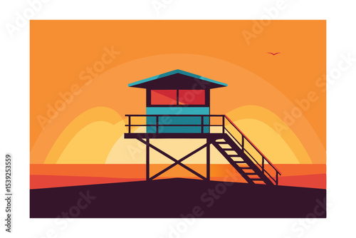 Sunset Beach Lifeguard Tower A Vibrant Illustration of Coastal Calm