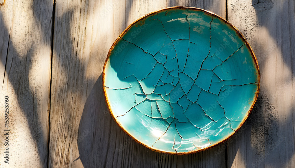 Fototapeta premium Cracked turquoise ceramic plate in sunlight lying on a wooden surface