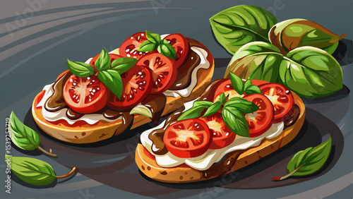 Close up of bruschetta with tomatoes cheese and balsamic glaze on gray table Very beautiful