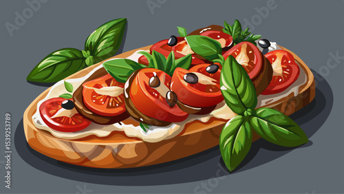 Close up of bruschetta with tomatoes cheese and balsamic glaze on gray table Very beautiful