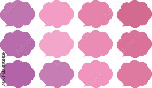 All the bubbles have a distinctive, rounded, cloud-like, or scalloped edge design. This vector image features twelve speech bubbles.