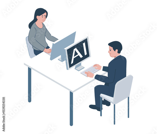 People Working with AI at Office Desk – Isometric Illustration