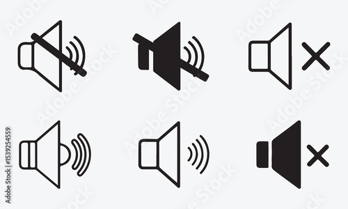 Volume and Speaker Icon Set of Mute, Unmute, and Audio Sound Symbols in Line and Silhouette Vector Style on White Background