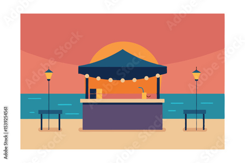 Sunset Beach Bar Illustration Coastal Relaxation and Drinks