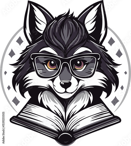Wise Wolf with Glasses and Open Book Mascot