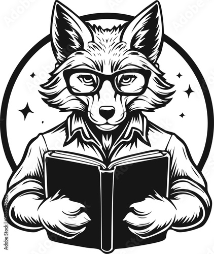 Scholarly Fox or Wolf Reading Vector