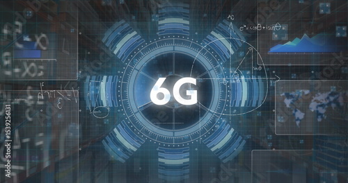 Animating 6G in digital environment showing HUD rings, radial bars, data panels, formulas and grid