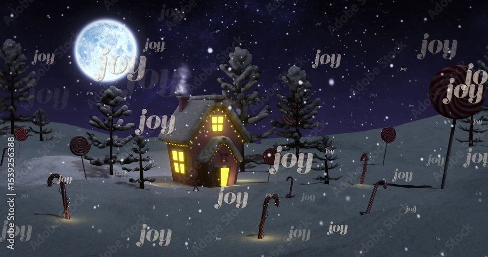 Naklejka premium Snow-covered cottage radiating glow in forest under full moon, with candy canes and smoking chimney