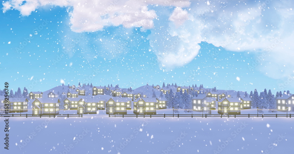 Naklejka premium Row of wooden cottages glowing behind fence under pale moon at winter village, drifting snowflakes