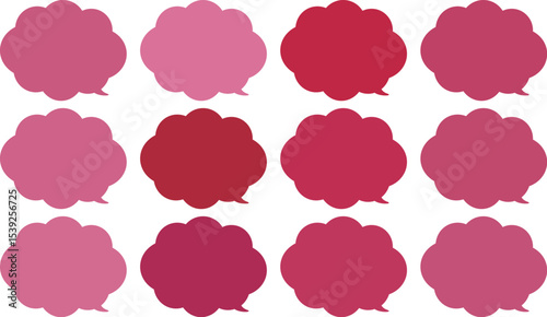 All the bubbles have a distinctive, rounded, cloud-like, or scalloped edge design. This vector image features twelve speech bubbles.
