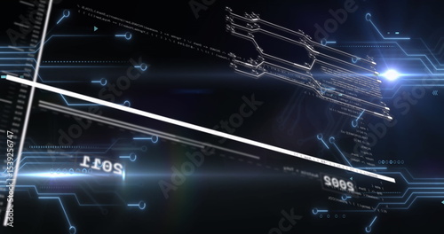 Displaying white diagonal beam flowing across interface, with bright light flare, alphanumeric code