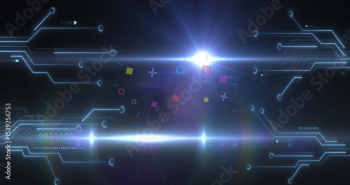 Emitting lens flare, light beam crossing digital interface, with neon-blue circuit lines and nodes