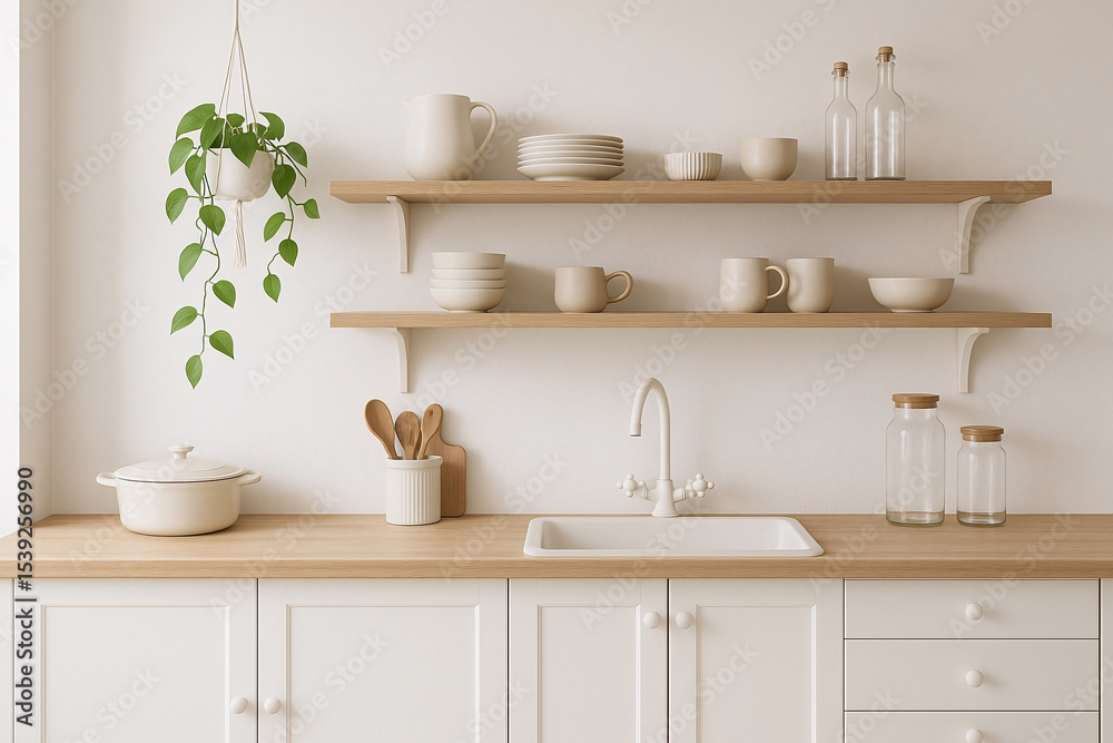 Fototapeta premium Modern kitchen interior design with neutral tones featuring open shelving and hanging plant for cozy home aesthetics