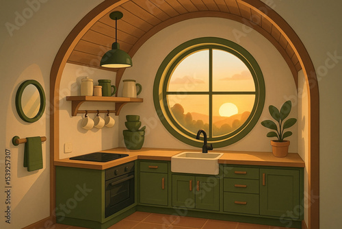 Cozy kitchen interior with a sunset view depicted in a warm and appealing illustration for home and lifestyle concepts