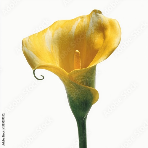 White calla lily with yellow spadix and trumpet-shaped spathe isolated on white background