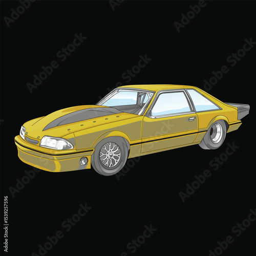 Yellow and painted racing car. Isolated in black background, for t-shirt design, print. and for business purposes.