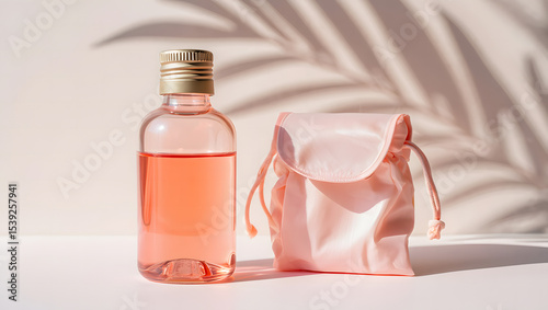 Pink cosmetic bottle and travel pouch in sunlight with palm leaf shadow