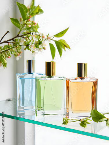 Three perfume bottles on glass shelf with spring blossoms