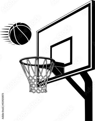 Basketball Hoop and Backboard Vector - Dynamic Shot with Ball in Motion, Realistic Net , Mid-Action Swish with Motion