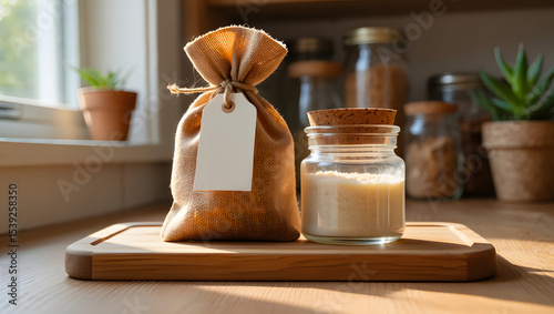 Burlap sack and glass jar of granulated product on wooden board