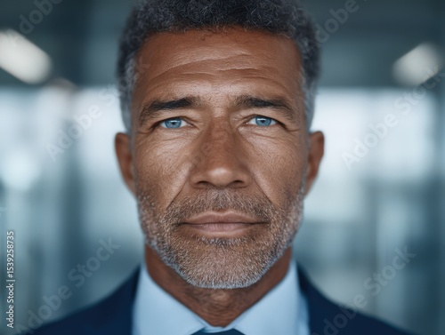 Confident mid-aged man with gray hair and striking blue eyes dressed in a dark suit showcasing professional demeanor in a modern urban environment emphasizing resilience and professionalism