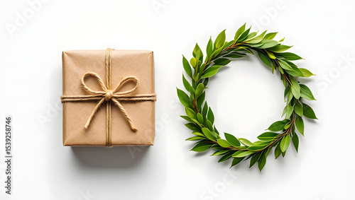 Kraft gift box and green leaf wreath isolated on white background